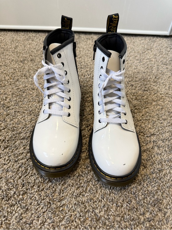 Dr. Martens Shoes - Dr. Martens White Patent Lace-Up Combat Boots with Black Trim